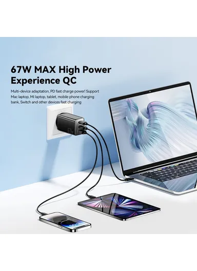 67W High Power GaN Travel Adapter USB-A + 2 Type-C Portable Wall Charger - EU Plug / Black