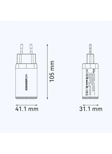 67W High Power GaN Travel Adapter USB-A + 2 Type-C Portable Wall Charger - EU Plug / Black