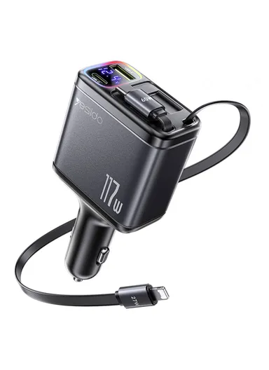 117W Fast Charging USB-A + Type-C Dual Port Car Charger with Retractable Cables Y63