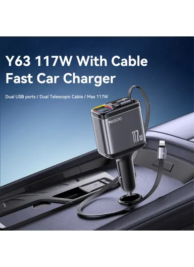 117W Fast Charging USB-A + Type-C Dual Port Car Charger with Retractable Cables Y63