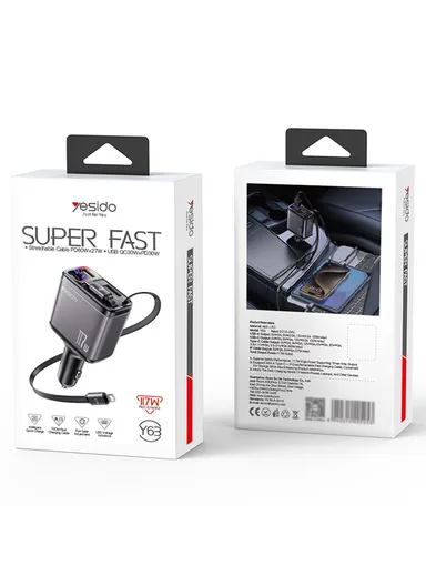 117W Fast Charging USB-A + Type-C Dual Port Car Charger with Retractable Cables Y63