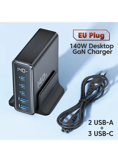 140W GaN Charging Station Travel Desktop Charger 3 Type-C+2 USB-A TCT140-22 - Black / EU Plug