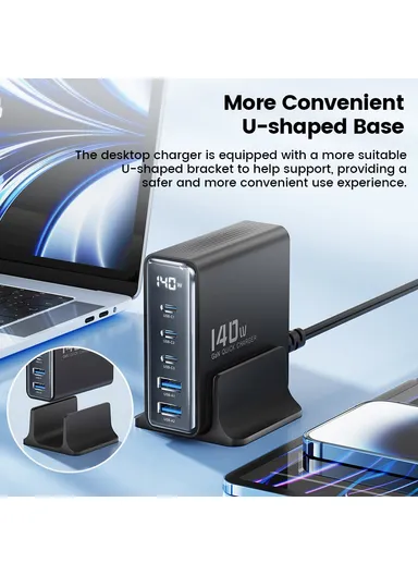 140W GaN Charging Station Travel Desktop Charger 3 Type-C+2 USB-A TCT140-22 - Black / EU Plug