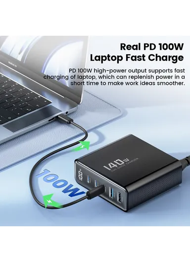 140W GaN Charging Station Travel Desktop Charger 3 Type-C+2 USB-A TCT140-22 - Black / EU Plug