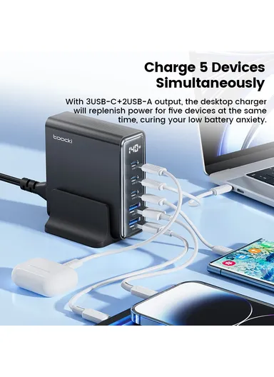 140W GaN Charging Station Travel Desktop Charger 3 Type-C+2 USB-A TCT140-22 - Black / EU Plug
