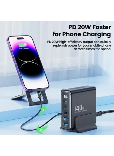 140W GaN Charging Station Travel Desktop Charger 3 Type-C+2 USB-A TCT140-22 - Black / EU Plug