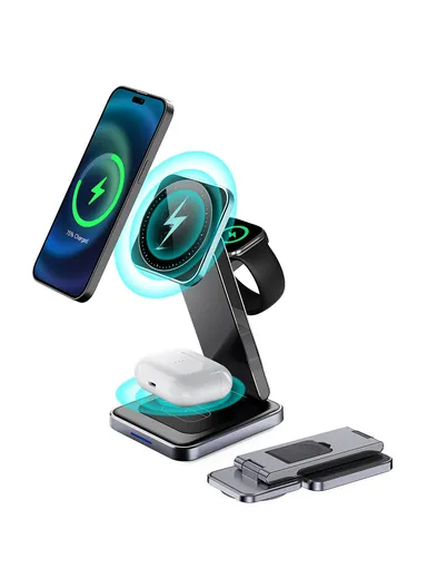 3-in-1 Foldable Charging Stand Phone Watch Earphone Zinc Alloy Magnetic Wireless Charger DH11 