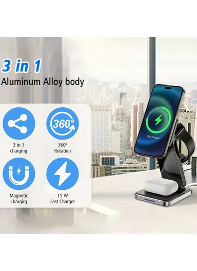 3-in-1 Foldable Charging Stand Phone Watch Earphone Zinc Alloy Magnetic Wireless Charger DH11 