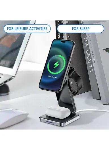 3-in-1 Foldable Charging Stand Phone Watch Earphone Zinc Alloy Magnetic Wireless Charger DH11 