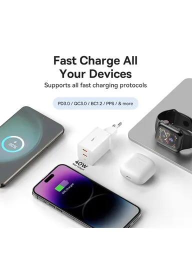 GaN5 Pro Fast Charger Dual Type-C Output 40W Fasting Charging Phone GaN Charger, EU Plug CCGAN40CE-M - White