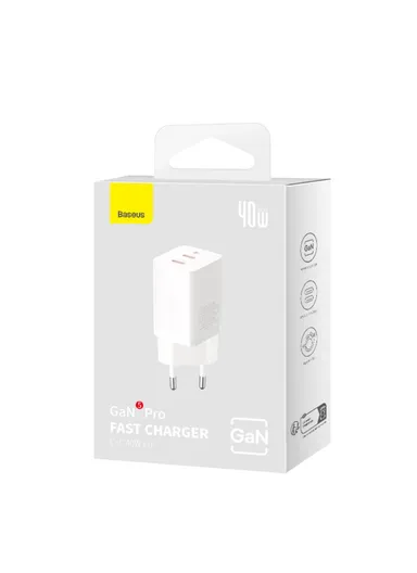 GaN5 Pro Fast Charger Dual Type-C Output 40W Fasting Charging Phone GaN Charger, EU Plug CCGAN40CE-M - White