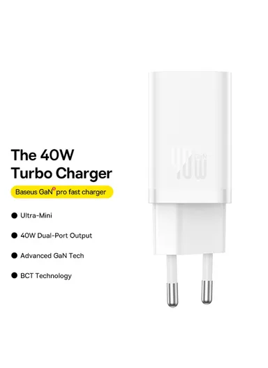GaN5 Pro Fast Charger Dual Type-C Output 40W Fasting Charging Phone GaN Charger, EU Plug CCGAN40CE-M - White