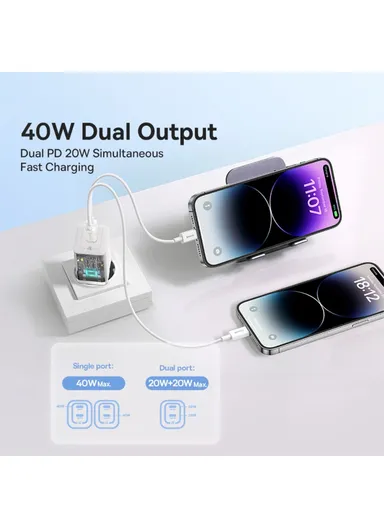 GaN5 Pro Fast Charger Dual Type-C Output 40W Fasting Charging Phone GaN Charger, EU Plug CCGAN40CE-M - White