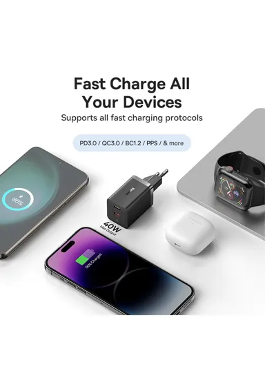 GaN5 Pro Fast Charger Dual Type-C Output 40W Fasting Charging Phone GaN Charger, EU Plug CCGAN40CE-M - Black