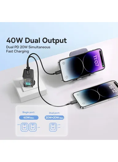 GaN5 Pro Fast Charger Dual Type-C Output 40W Fasting Charging Phone GaN Charger, EU Plug CCGAN40CE-M - Black