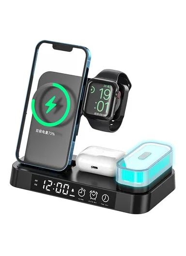 3 in 1 Phone Watch Earphone 15W Wireless Charger Folding Alarm Clock RGB LED Night Light - Black A37