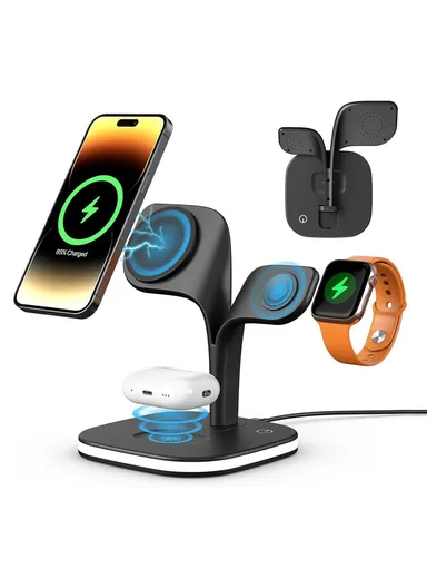 Magnetic Wireless Charger Foldable Charging Station Compatible with MagSafe for iPhone 16-12, Apple Watch &amp; AirPods YM-UD22 - Black