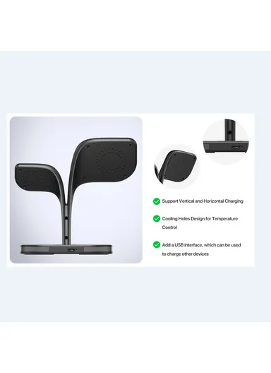 Magnetic Wireless Charger Foldable Charging Station Compatible with MagSafe for iPhone 16-12, Apple Watch &amp; AirPods YM-UD22 - Black