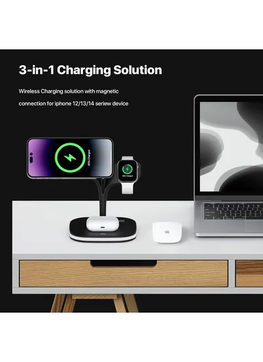 Magnetic Wireless Charger Foldable Charging Station Compatible with MagSafe for iPhone 16-12, Apple Watch &amp; AirPods YM-UD22 - Black