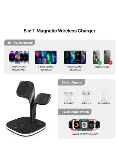 Magnetic Wireless Charger Foldable Charging Station Compatible with MagSafe for iPhone 16-12, Apple Watch &amp; AirPods YM-UD22 - Black