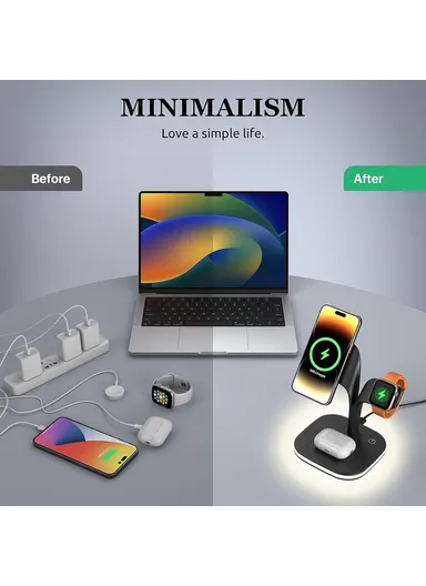 Magnetic Wireless Charger Foldable Charging Station Compatible with MagSafe for iPhone 16-12, Apple Watch &amp; AirPods YM-UD22 - Black