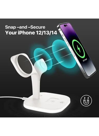 Magnetic Wireless Charger Foldable Charging Station Compatible with MagSafe for iPhone 16-12, Apple Watch &amp; AirPods YM-UD22 - White