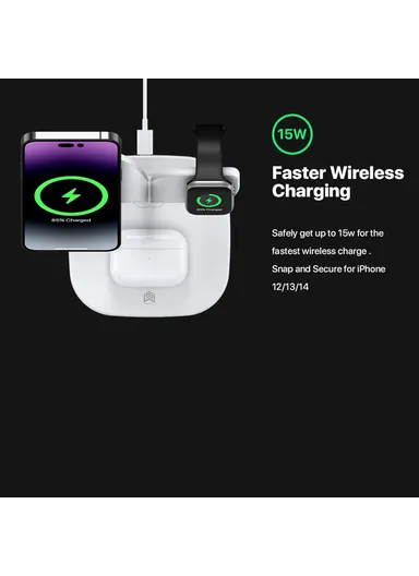 Magnetic Wireless Charger Foldable Charging Station Compatible with MagSafe for iPhone 16-12, Apple Watch &amp; AirPods YM-UD22 - White