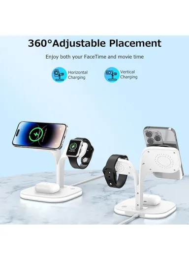 Magnetic Wireless Charger Foldable Charging Station Compatible with MagSafe for iPhone 16-12, Apple Watch &amp; AirPods YM-UD22 - White
