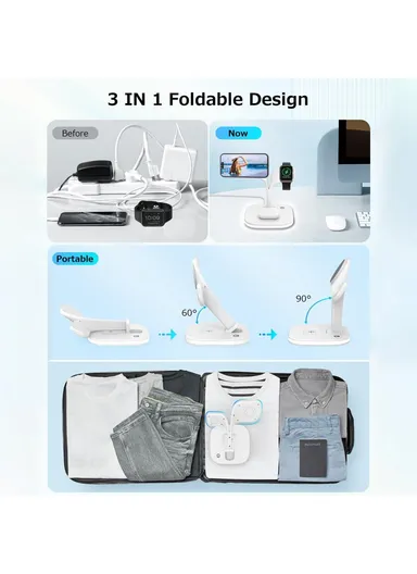 Magnetic Wireless Charger Foldable Charging Station Compatible with MagSafe for iPhone 16-12, Apple Watch &amp; AirPods YM-UD22 - White