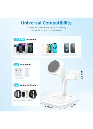 Magnetic Wireless Charger Foldable Charging Station Compatible with MagSafe for iPhone 16-12, Apple Watch &amp; AirPods YM-UD22 - White