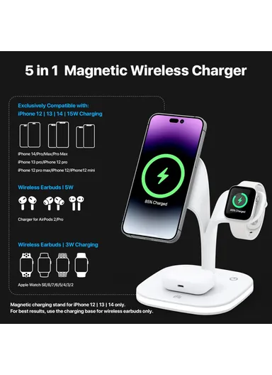 Magnetic Wireless Charger Foldable Charging Station Compatible with MagSafe for iPhone 16-12, Apple Watch &amp; AirPods YM-UD22 - White