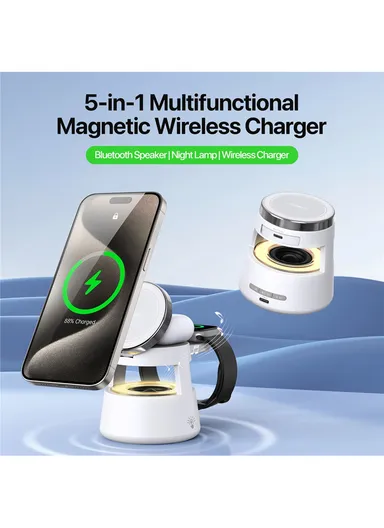 5-in-1 Magnetic Wireless Charger with Speaker Night Light for iPhone iWatch AirPods Charging Stand W23