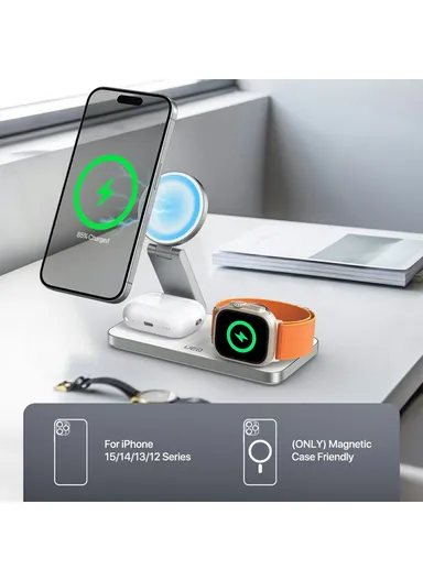 3-in-1 Wireless Charging Station Compatible with MagSafe Foldable Charger Stand for iPhone 15-12, Apple Watch &amp; Airpods T8 - White