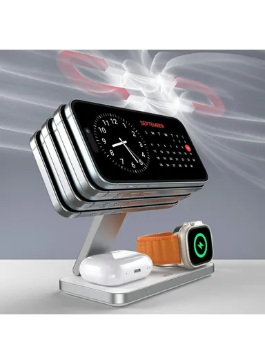 3-in-1 Wireless Charging Station Compatible with MagSafe Foldable Charger Stand for iPhone 15-12, Apple Watch &amp; Airpods T8 - White