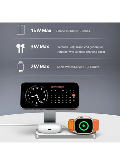 3-in-1 Wireless Charging Station Compatible with MagSafe Foldable Charger Stand for iPhone 15-12, Apple Watch &amp; Airpods T8 - White