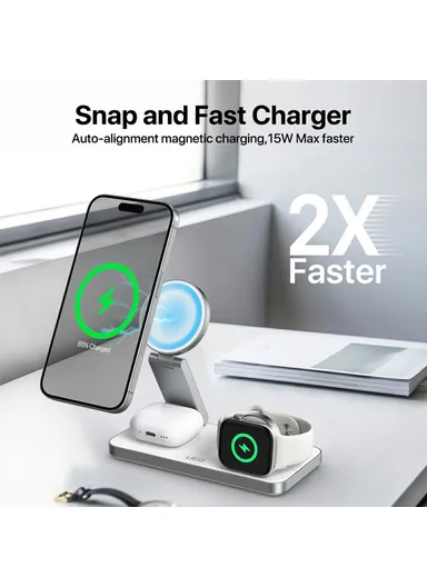 3-in-1 Wireless Charging Station Compatible with MagSafe Foldable Charger Stand for iPhone 15-12, Apple Watch &amp; Airpods T8 - White