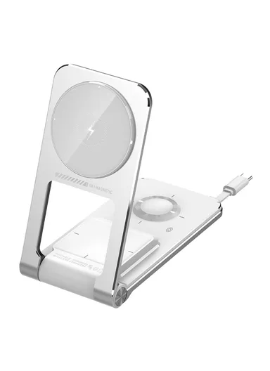 Foldable 3-in-1 Phone Stand Magnetic Wireless Charger With Built-In Type-C Cable 15W Fast Charging M2 - White