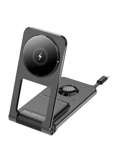 Foldable 3-in-1 Phone Stand Magnetic Wireless Charger With Built-In Type-C Cable 15W Fast Charging M2 - Black