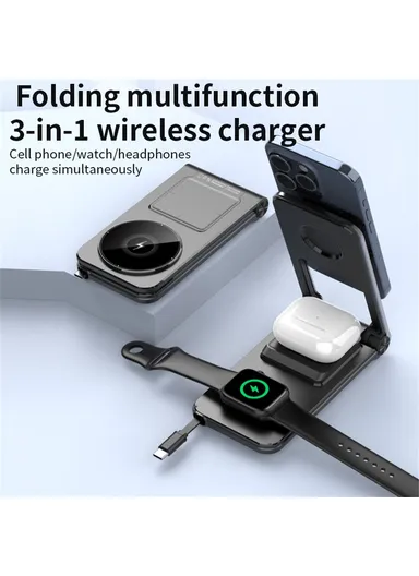 Foldable 3-in-1 Phone Stand Magnetic Wireless Charger With Built-In Type-C Cable 15W Fast Charging M2 - Black