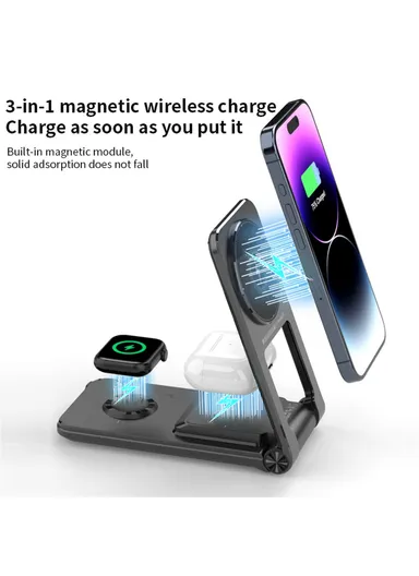 Foldable 3-in-1 Phone Stand Magnetic Wireless Charger With Built-In Type-C Cable 15W Fast Charging M2 - Black