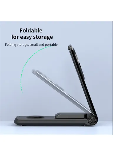Foldable 3-in-1 Phone Stand Magnetic Wireless Charger With Built-In Type-C Cable 15W Fast Charging M2 - Black