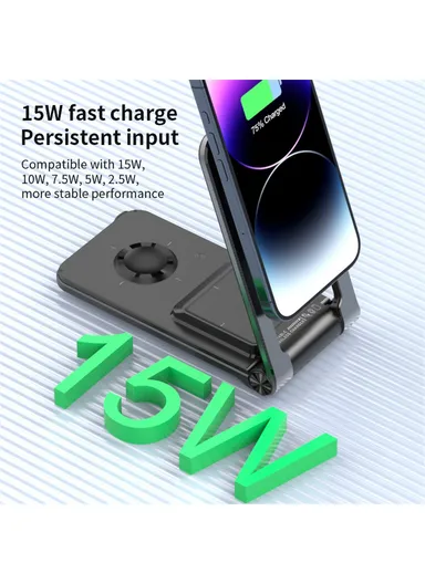Foldable 3-in-1 Phone Stand Magnetic Wireless Charger With Built-In Type-C Cable 15W Fast Charging M2 - Black