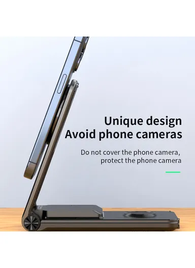 Foldable 3-in-1 Phone Stand Magnetic Wireless Charger With Built-In Type-C Cable 15W Fast Charging M2 - Black