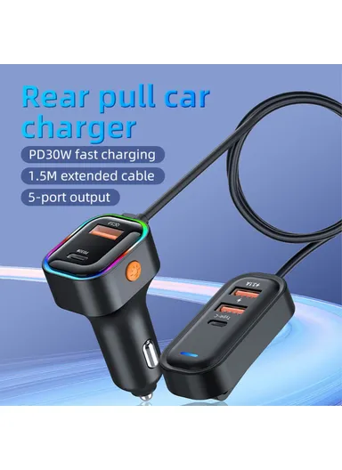 66W Extension Cord Design 5 Ports Charging Adapter 3 USB &amp; 2 Type-C Fast Charging Car Charger K5