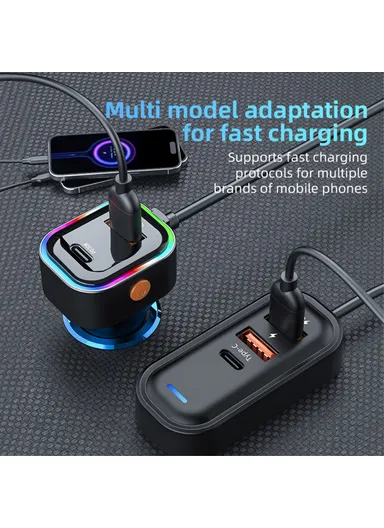66W Extension Cord Design 5 Ports Charging Adapter 3 USB &amp; 2 Type-C Fast Charging Car Charger K5