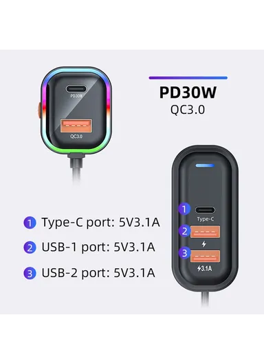 66W Extension Cord Design 5 Ports Charging Adapter 3 USB &amp; 2 Type-C Fast Charging Car Charger K5