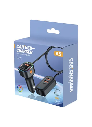 66W Extension Cord Design 5 Ports Charging Adapter 3 USB &amp; 2 Type-C Fast Charging Car Charger K5