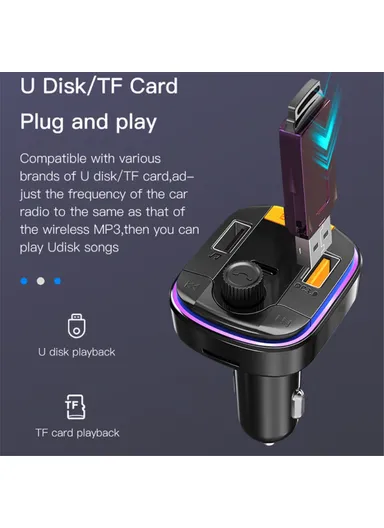 Bluetooth-compatible 5.0 Wireless FM Transmitter PD + QC 3.0 Dual USB Car Charger with Colorful Light Y45 