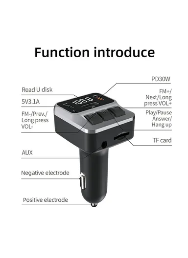 Car Bluetooth-compatible FM Transmitter with Dual Type-C Port PD 30W Fast Charging Adapter C65 