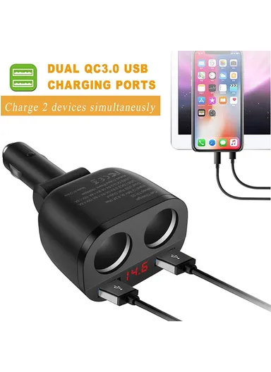 Dual USB QC3.0 Fast Car Charger Digital Display 2-Socket Cigarette Lighter Adapter TR-22Q